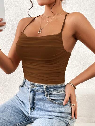 Firerie Solid Ruched Mesh Cami Top