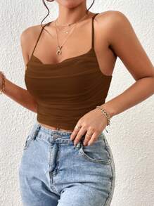 Firerie 休閒交叉 垂褶 褶邊純色女士背心 - 咖啡棕 - 查看 5