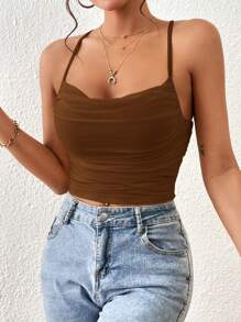 Firerie 休閒交叉 垂褶 褶邊純色女士背心 - 咖啡棕 - 查看 6