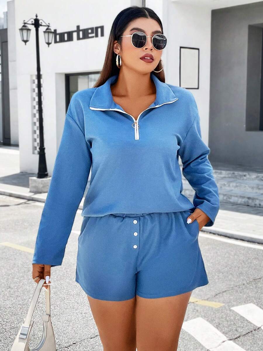 Calvaya Hơn Một nửa khóa kéo Thả vai Áo blouse & quần short - Màu xanh bụi bặm - Xem 1