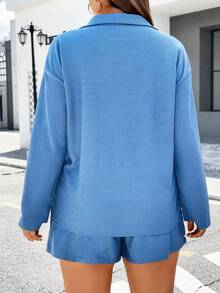 Calvaya Hơn Một nửa khóa kéo Thả vai Áo blouse & quần short - Màu xanh bụi bặm - Xem 2