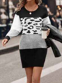 SHEIN LUNE Hoa văn Báo Khối màu Đầm Áo len - Nhiều màu - Xem 7