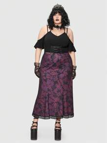 Maryam Alam Goth 大碼印花蕾絲邊半身裙 - 酒紅色 - 查看 2