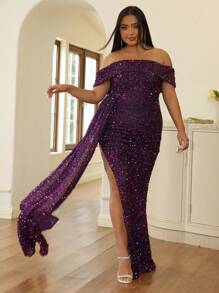 seomiscky Plus Off Shoulder Draped Side Split Thigh Sequin Formal Dress - Purple - View 1
