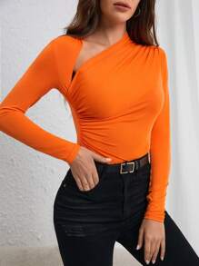 COSMINA 休閒不對稱 褶邊純色女士T恤 - 橘色 - 查看 4