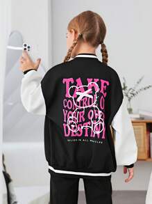 SHEIN Tween Girl Slogan Graphic Drop Shoulder Two Tone Varsity Jacket - Multicolor - View 1