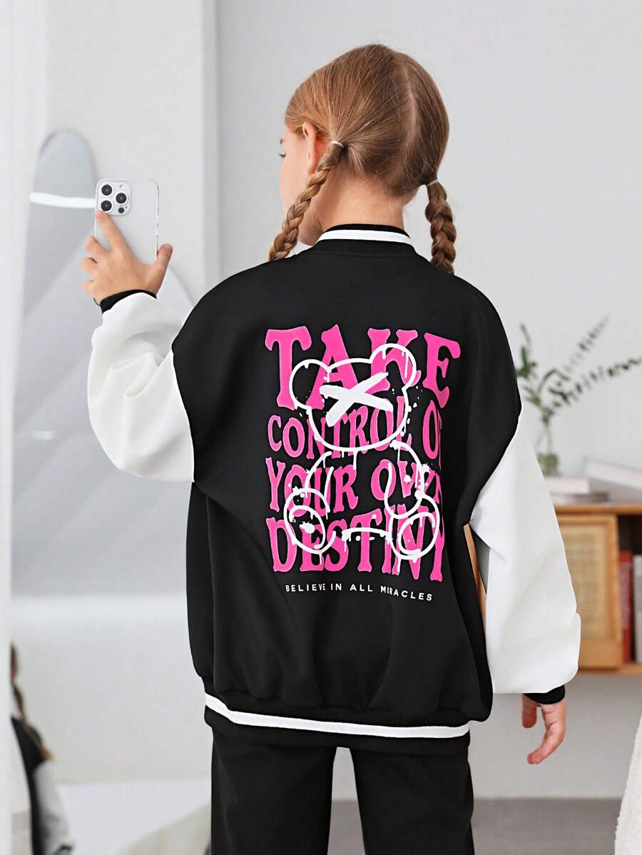 SHEIN Tween Girl Slogan Graphic Drop Shoulder Two Tone Varsity Jacket - Multicolor - View 1