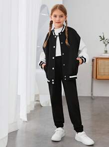 SHEIN Tween Girl Slogan Graphic Drop Shoulder Two Tone Varsity Jacket - Multicolor - View 2