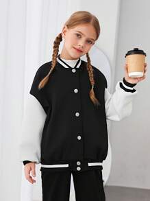 SHEIN Tween Girl Slogan Graphic Drop Shoulder Two Tone Varsity Jacket - Multicolor - View 3