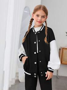 SHEIN Tween Girl Slogan Graphic Drop Shoulder Two Tone Varsity Jacket - Multicolor - View 4
