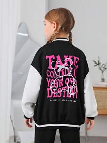 SHEIN Tween Girl Slogan Graphic Drop Shoulder Two Tone Varsity Jacket - Multicolor - View 5