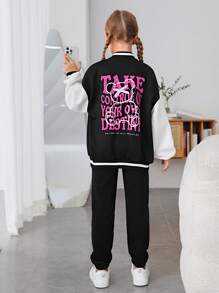 SHEIN Tween Girl Slogan Graphic Drop Shoulder Two Tone Varsity Jacket - Multicolor - View 6