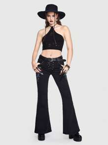 ROMWE Goth Top de punto unicolor desgarro halter - Negro - Ver 4