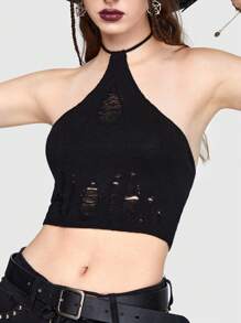 ROMWE Goth Top de punto unicolor desgarro halter - Negro - Ver 2