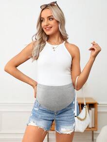 SHEIN 孕婦寬腰帶破洞毛邊牛仔短褲 - 彩色 - 查看 3