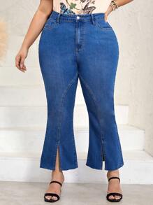 SHEIN LUNE Plus Split Hem Flare Leg Jeans - Medium Wash - View 4