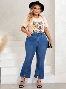 SHEIN LUNE Plus Split Hem Flare Leg Jeans - Medium Wash - View 3