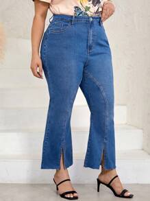SHEIN LUNE Plus Split Hem Flare Leg Jeans - Medium Wash - View 1