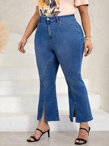 SHEIN LUNE Plus Split Hem Flare Leg Jeans - Medium Wash - View 6