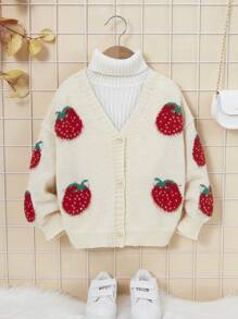SHEIN Young Girl Strawberry Pattern Drop Shoulder Cardigan Without Jumper - Multicolor - View 1
