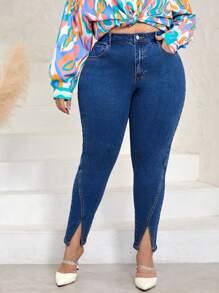 SHEIN LUNE Talla grande Jeans ajustados bajo con abertura - Azul lavado oscuro - Ver 1