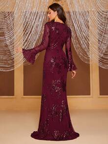 YISIKADO Flounce Sleeve Split Thigh Sequin Formal Dress - Burgundy - View 2