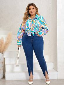 SHEIN LUNE Talla grande Jeans ajustados bajo con abertura - Azul lavado oscuro - Ver 3