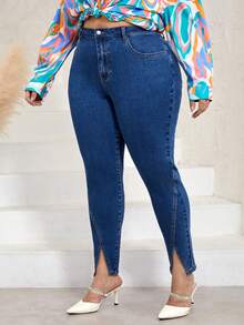 SHEIN LUNE Talla grande Jeans ajustados bajo con abertura - Azul lavado oscuro - Ver 4