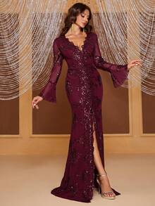 YISIKADO Flounce Sleeve Split Thigh Sequin Formal Dress - Burgundy - View 6