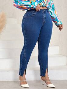 SHEIN LUNE Talla grande Jeans ajustados bajo con abertura - Azul lavado oscuro - Ver 6