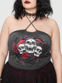 ROMWE Goth Hơn In Đầu lâu Áo hai dây - Màu xám đen - Xem 2