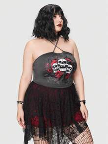 ROMWE Goth Hơn In Đầu lâu Áo hai dây - Màu xám đen - Xem 3