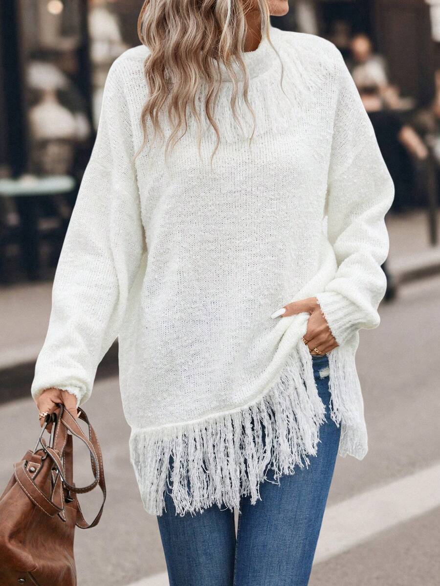 SHEIN LUNE Pull À Franges Épaule tombante - Blanc - Voir 1