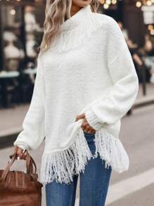 SHEIN LUNE Pull À Franges Épaule tombante - Blanc - Voir 3