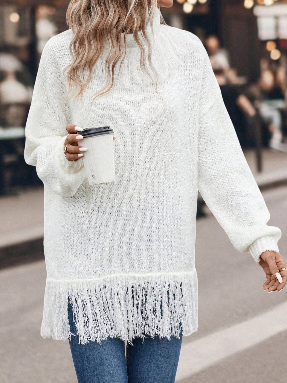 Fringe Trim Drop Shoulder Sweater