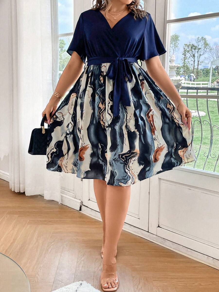 Celure Plus Graphic Print Surplice Neck Belted Dress - Blue - View 1