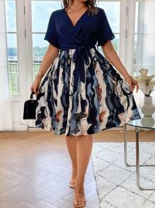 Celure Plus Graphic Print Surplice Neck Belted Dress - Blue - View 7
