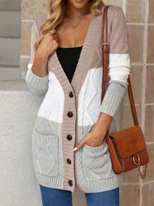 Astylish Women's Button-Front Knit Cardigan Casual Autumn/Winter Jacket With Pockets - Beige - View 7