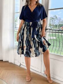 Celure Plus Graphic Print Surplice Neck Belted Dress - Blue - View 4