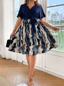 Celure Plus Graphic Print Surplice Neck Belted Dress - Blue - View 3