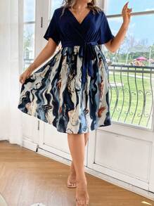 Celure Plus Graphic Print Surplice Neck Belted Dress - Blue - View 6