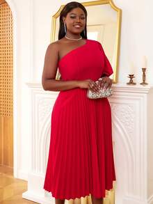 Kleid mit einer Schulter frei, Falten am Saum, - Rot - Übersicht 3