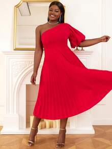 Kleid mit einer Schulter frei, Falten am Saum, - Rot - Übersicht 6