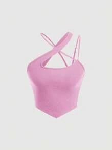 SHEIN MOD Áo nữ Bất đối xứng Hội Chữ thập Cắt ra Gân đan màu trơn Giải trí - Màu Hồng baby - Xem 1
