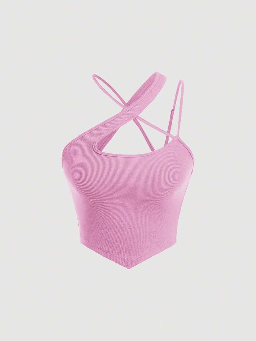 SHEIN MOD Áo nữ Bất đối xứng Hội Chữ thập Cắt ra Gân đan màu trơn Giải trí - Màu Hồng baby - Xem 1