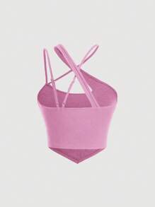 SHEIN MOD Áo nữ Bất đối xứng Hội Chữ thập Cắt ra Gân đan màu trơn Giải trí - Màu Hồng baby - Xem 2