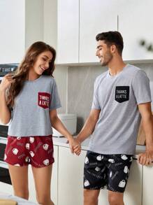 Men Letter Graphic Pocket Patched PJ Set / Pajama Set - Multicolor - View 1