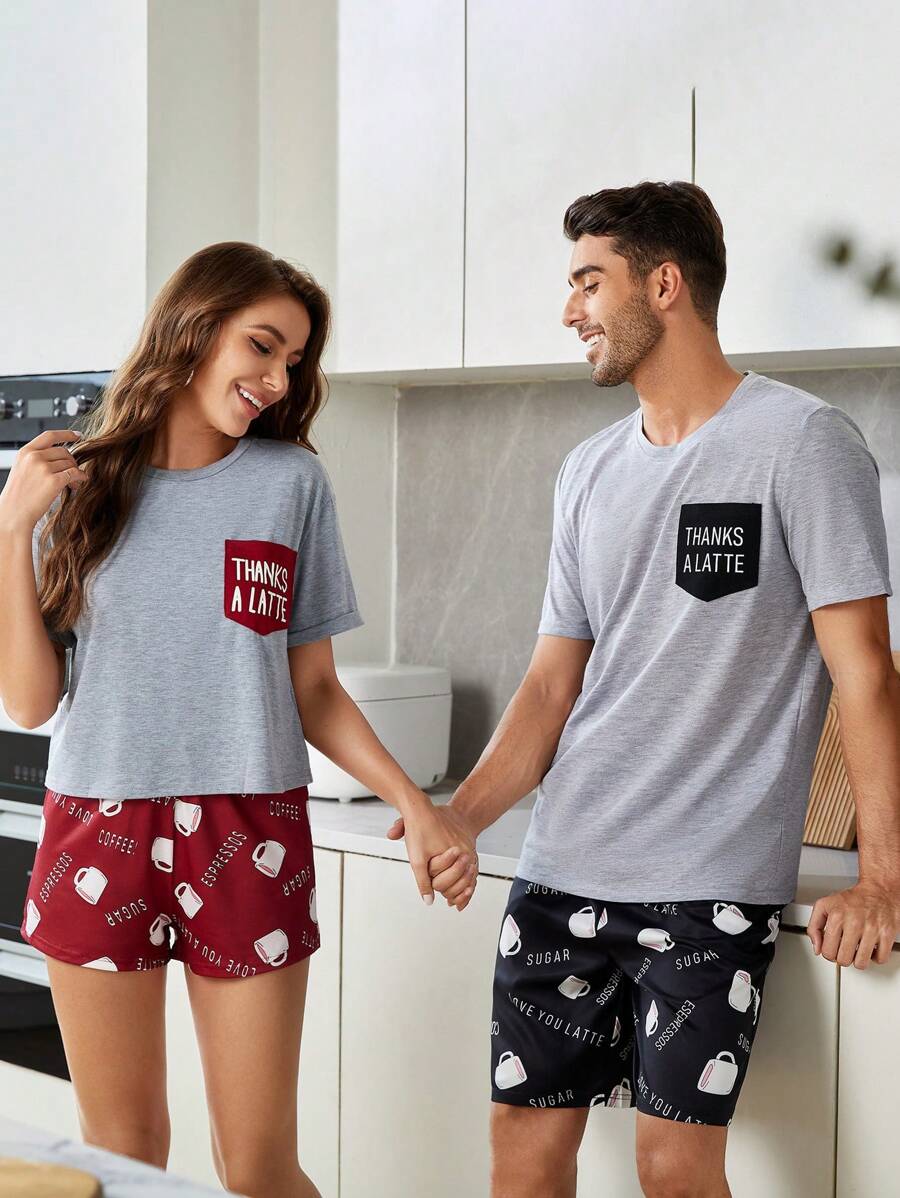 Men Letter Graphic Pocket Patched PJ Set / Pajama Set - Multicolor - View 1