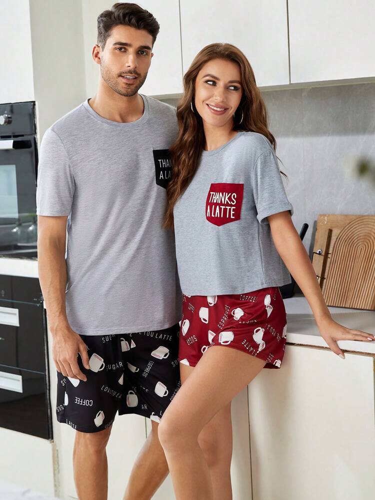 Men Letter Graphic Pocket Patched PJ Set / Pajama Set