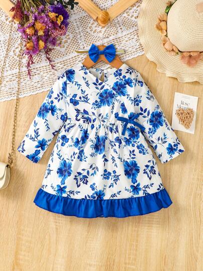 女嬰印花荷葉邊連衣裙＆ 頭巾